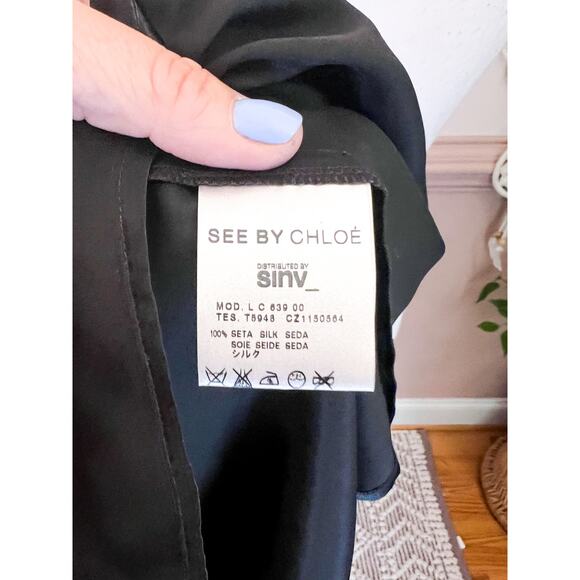See by Chloe Black Silk Ruffle Front Button Up Blouse Size 4 - Picture 5 of 7
